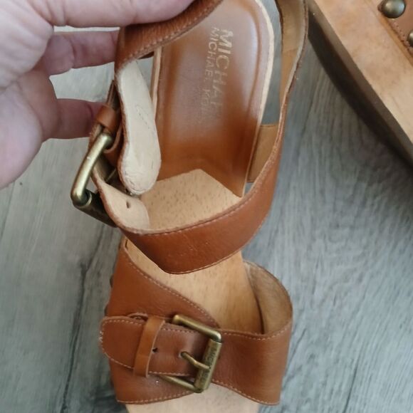 Michael Kors Tan Leather Wedge Sandals - Picture 2 of 4